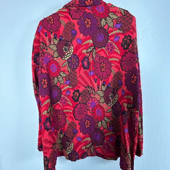 Chico's Design Womens Floral Textured Button-Down Shirt Size 3 Silk Blend Red - Picture 2 of 7